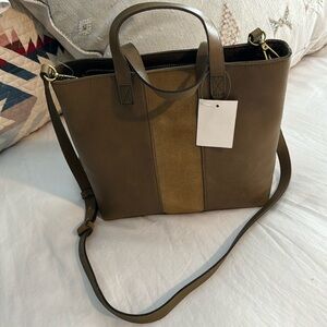 Olive green w/ suede detail, Transport Tote, (2) pockets, shoulder strap, 10x11